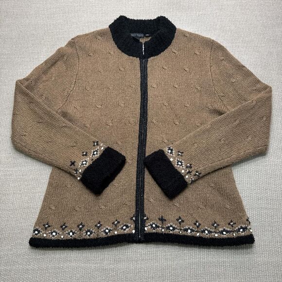 Nomad Traders Silk Angora Women's tan brown vintage knit sweater zip up cardigan - Picture 1 of 6